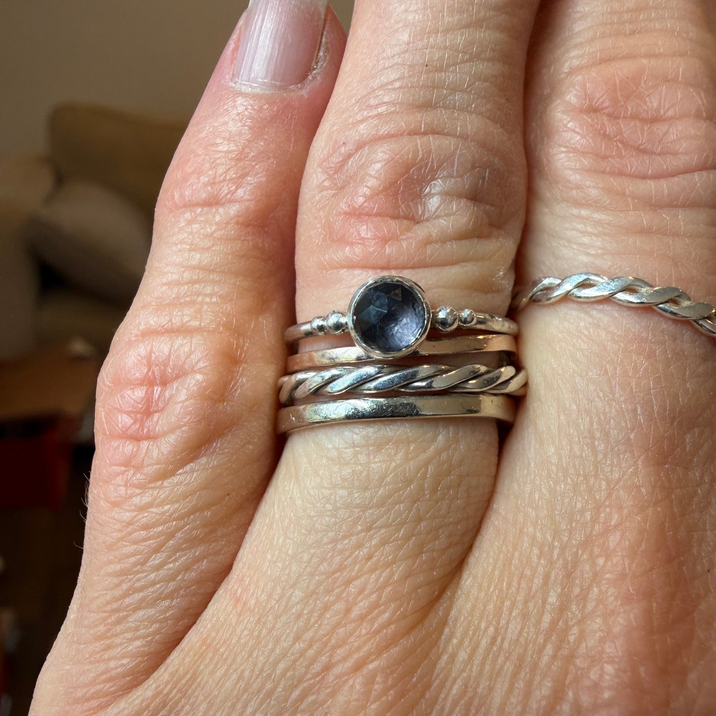 Rose Cut Smoky Blue Green Tourmaline Stacking Ring