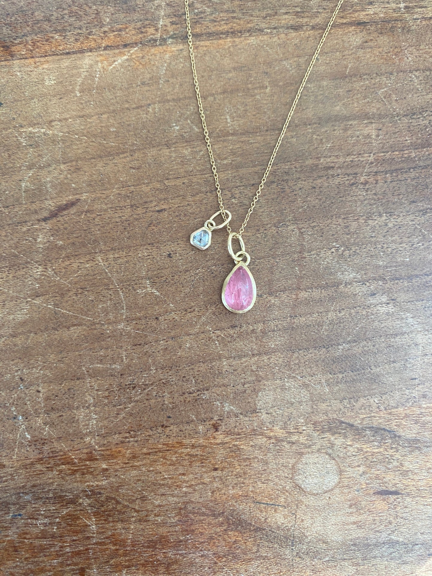 Pink Teardrop Tourmaline Handmade Bezel 18k & 14k chain