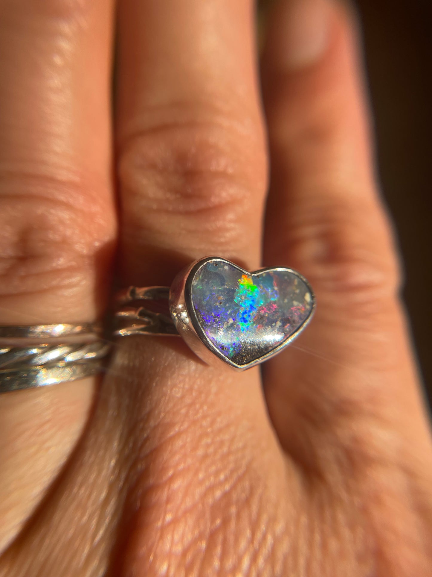 Rainbow Heart Boulder Opal Ring