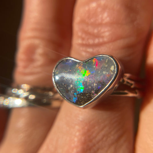 Rainbow Heart Boulder Opal Ring