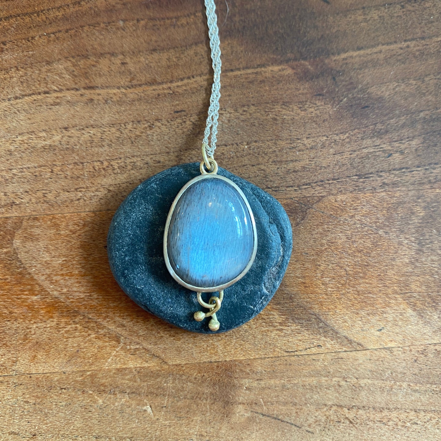 Moody Grey Moonstone Pendant Silver and 18K Gold