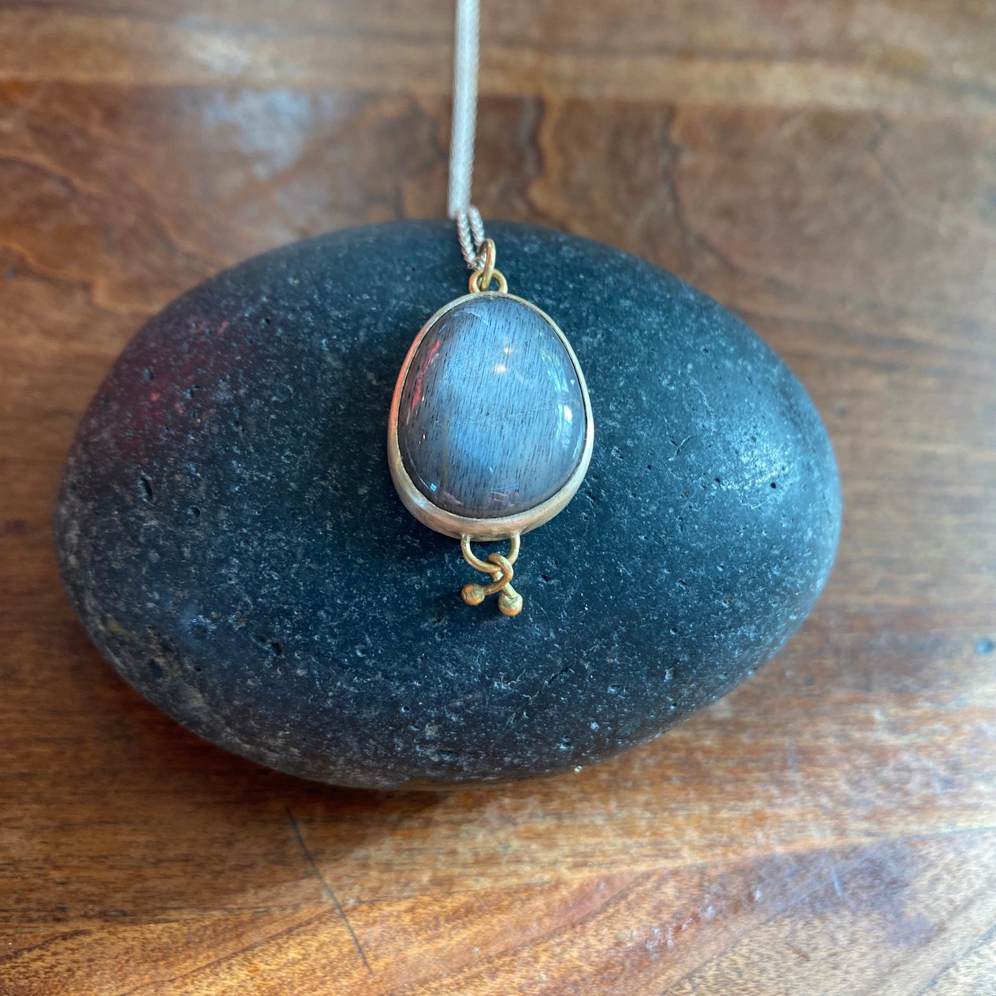 Moody Grey Moonstone Pendant Silver and 18K Gold