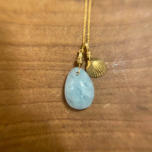 Teardrop Aquamarine Pendant with Shell Charm
