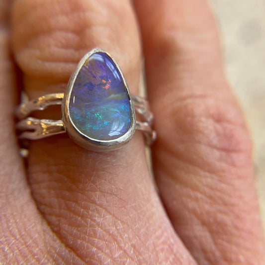 Teal and Purple Pipe Opal Twig Ring