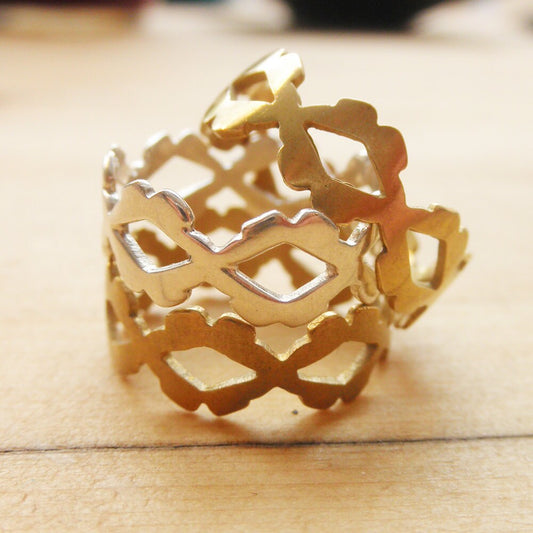 Geometric Kisses Lips Signature Ring Hand Cut Brass