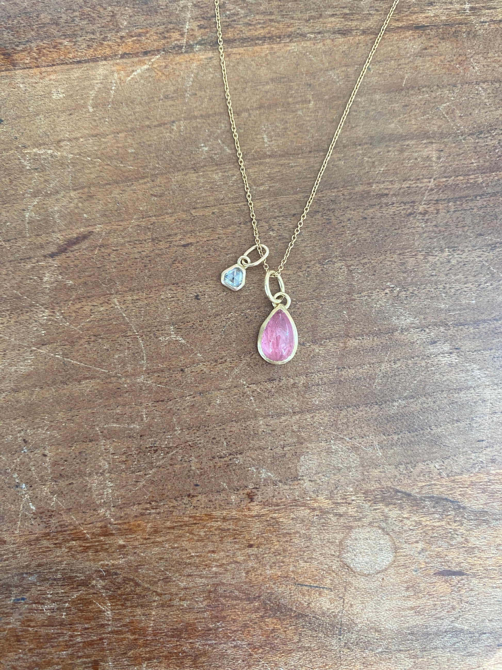 Pink Teardrop Tourmaline Handmade Bezel 18k & 14k chain