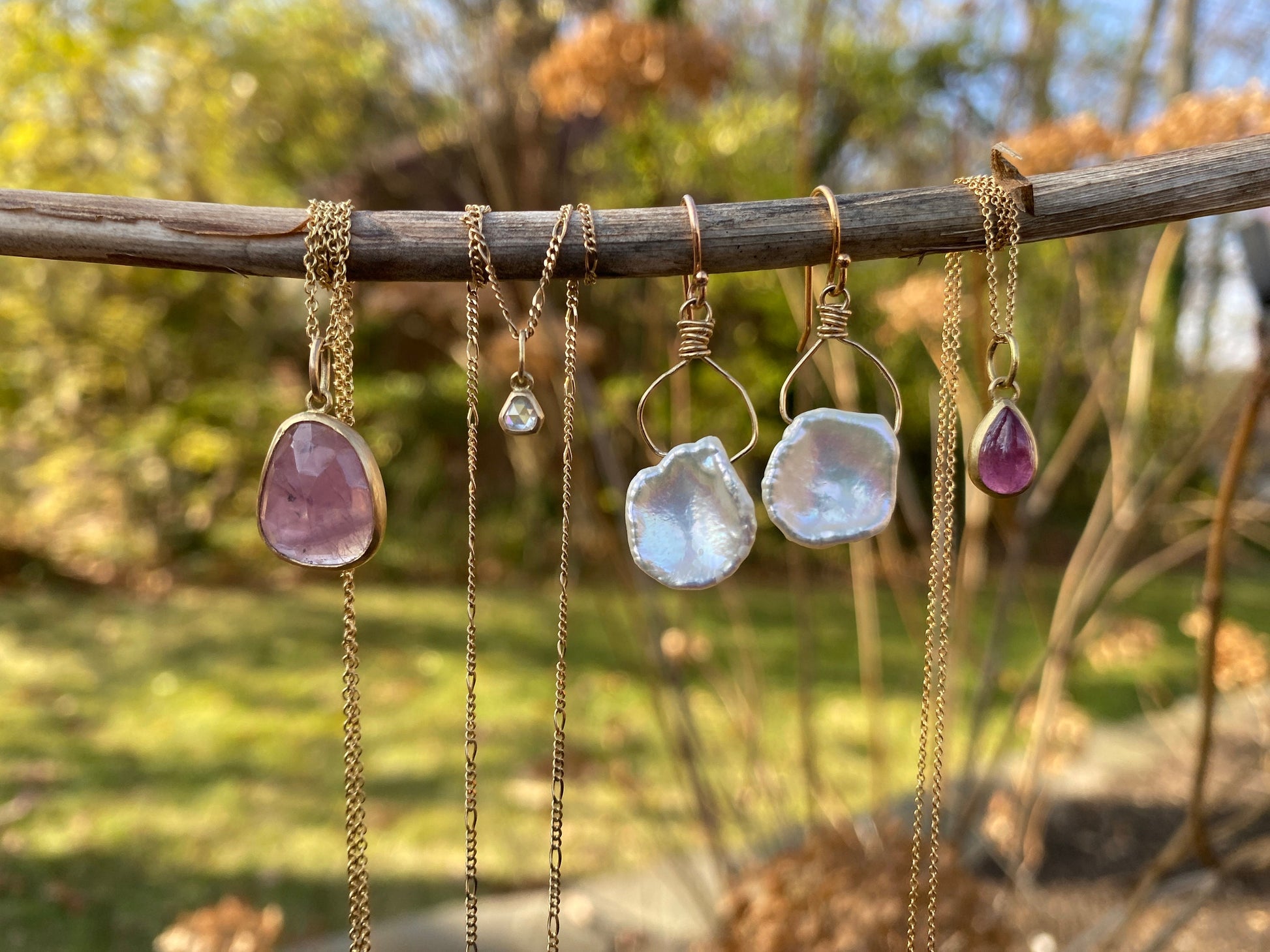 Pink Teardrop Tourmaline Handmade Bezel 18k & 14k chain
