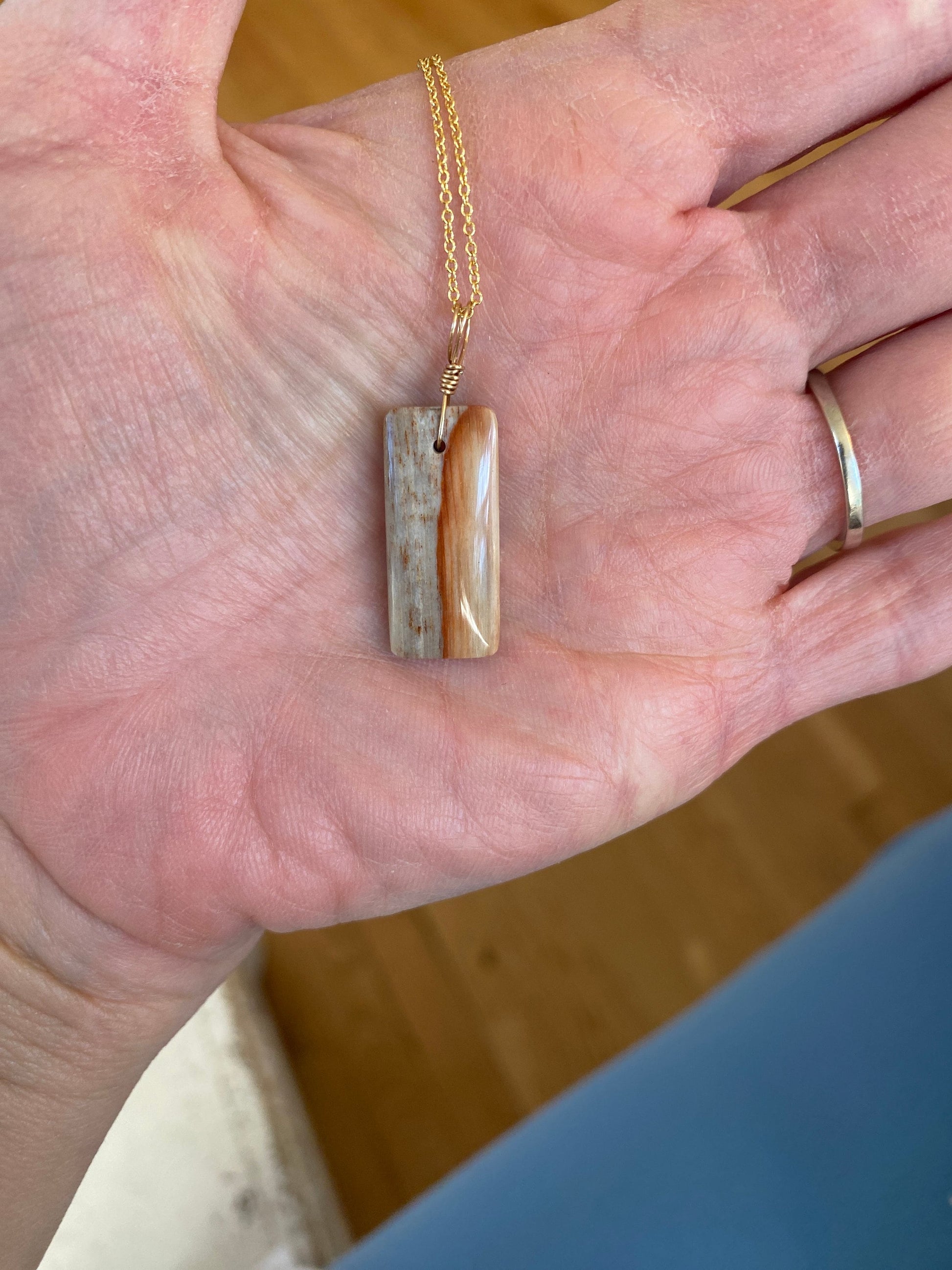 Peach Petrified Wood Pendant with Gold Filled Cable Chain - Sea Collection