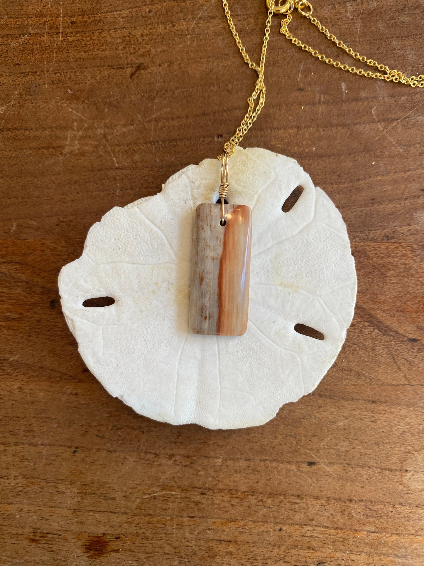 Peach Petrified Wood Pendant with Gold Filled Cable Chain - Sea Collection