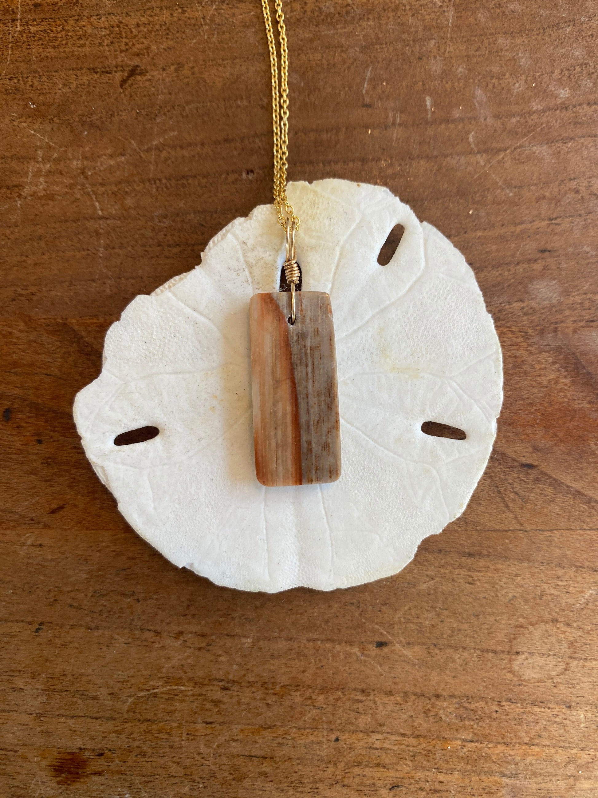 Peach Petrified Wood Pendant with Gold Filled Cable Chain - Sea Collection