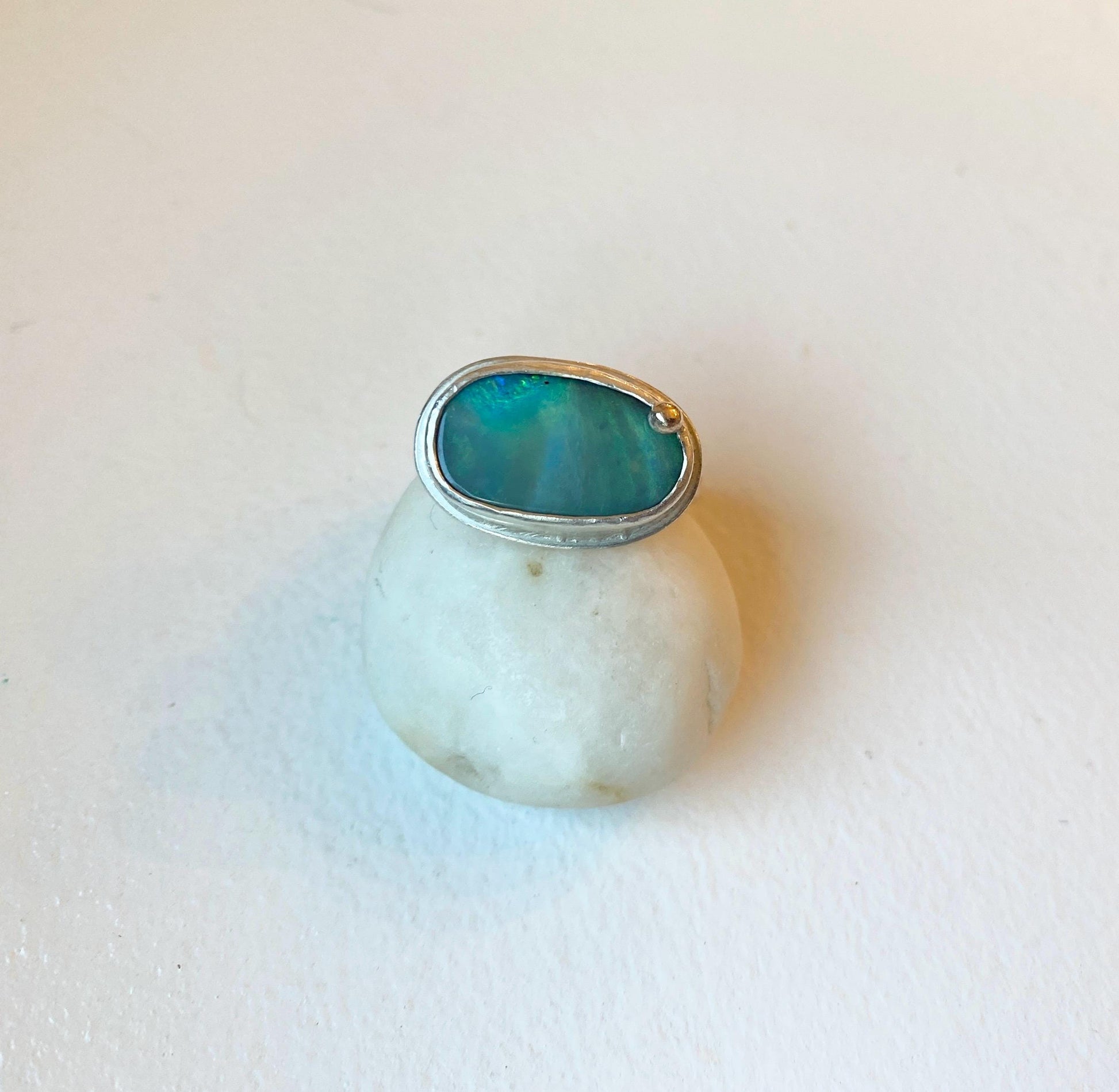 Stunning Green Goddess Australian Boulder Opal Ring in Silver & 14k Gold | Unique Sea Collection Jewelry