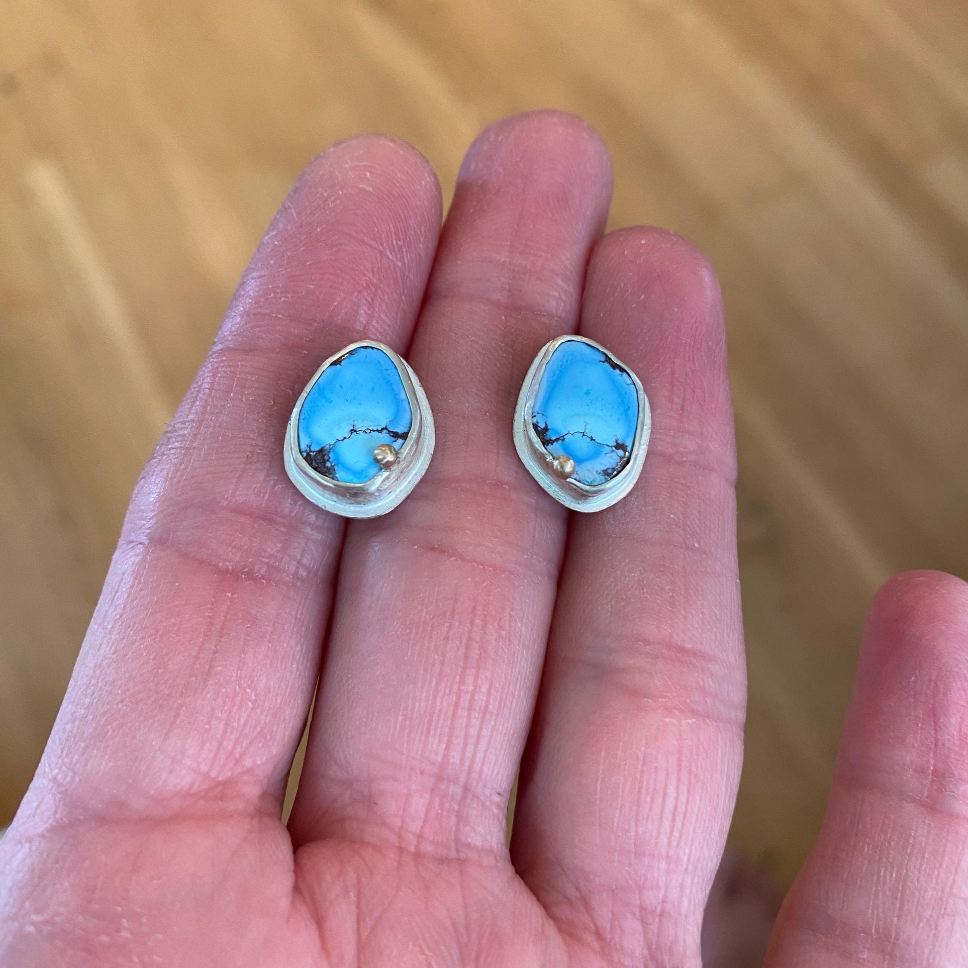 Stunning Lavender Golden Hills Turquoise Stud Earrings | Beautiful Matrix Split Pair Handcrafted in Sterling Silver & 14k Gold