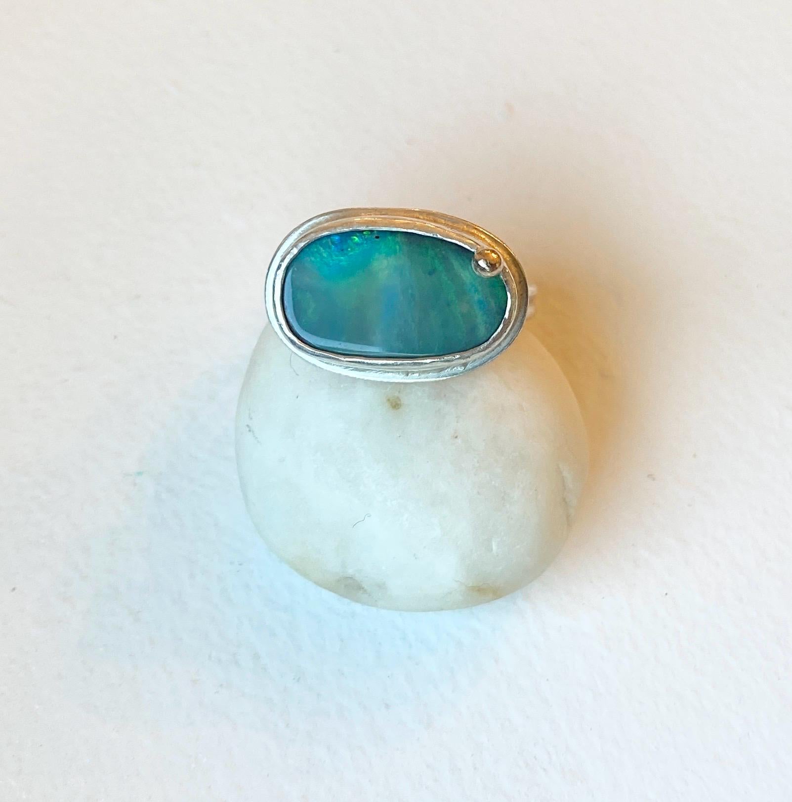 Stunning Green Goddess Australian Boulder Opal Ring in Silver & 14k Gold | Unique Sea Collection Jewelry