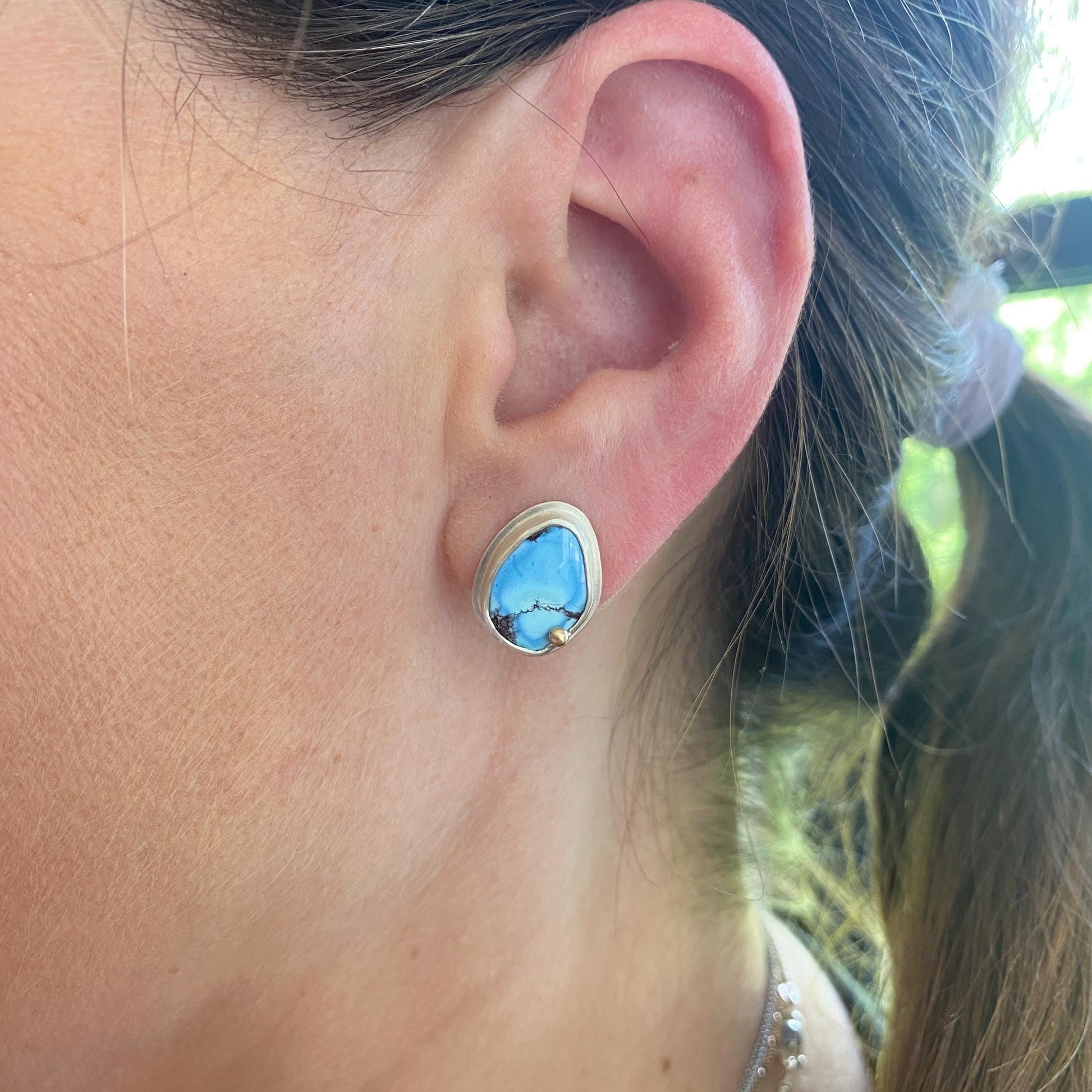 Stunning Lavender Golden Hills Turquoise Stud Earrings | Beautiful Matrix Split Pair Handcrafted in Sterling Silver & 14k Gold