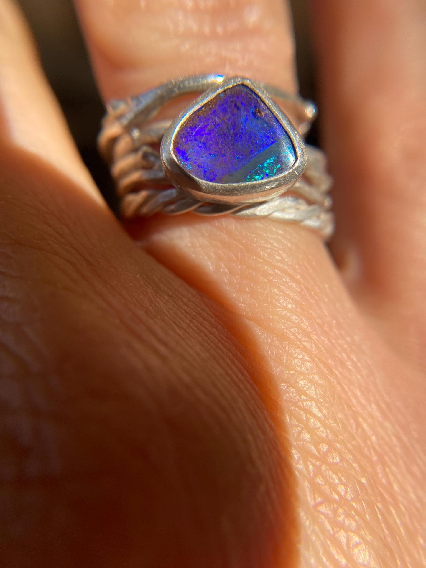Purple & Blue Flash Boulder Opal Twig Ring