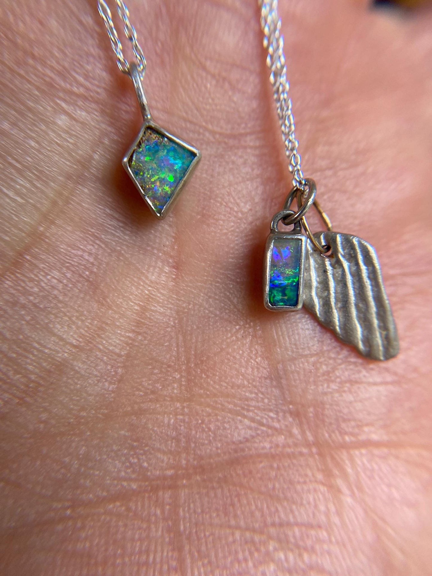 Blue Green Mini Flash Boulder Opal Pendant with Wing Charm