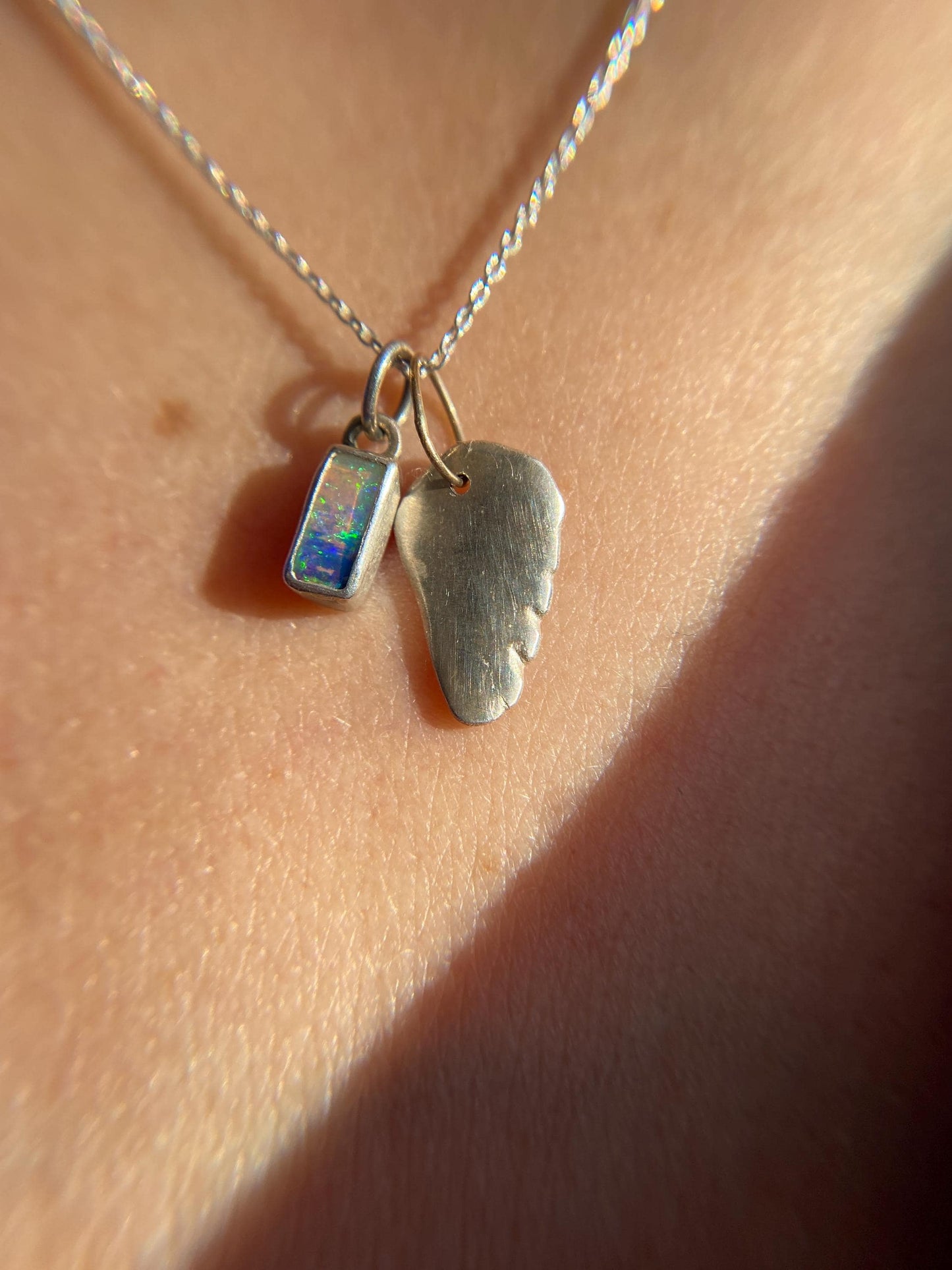 Blue Green Mini Flash Boulder Opal Pendant with Wing Charm
