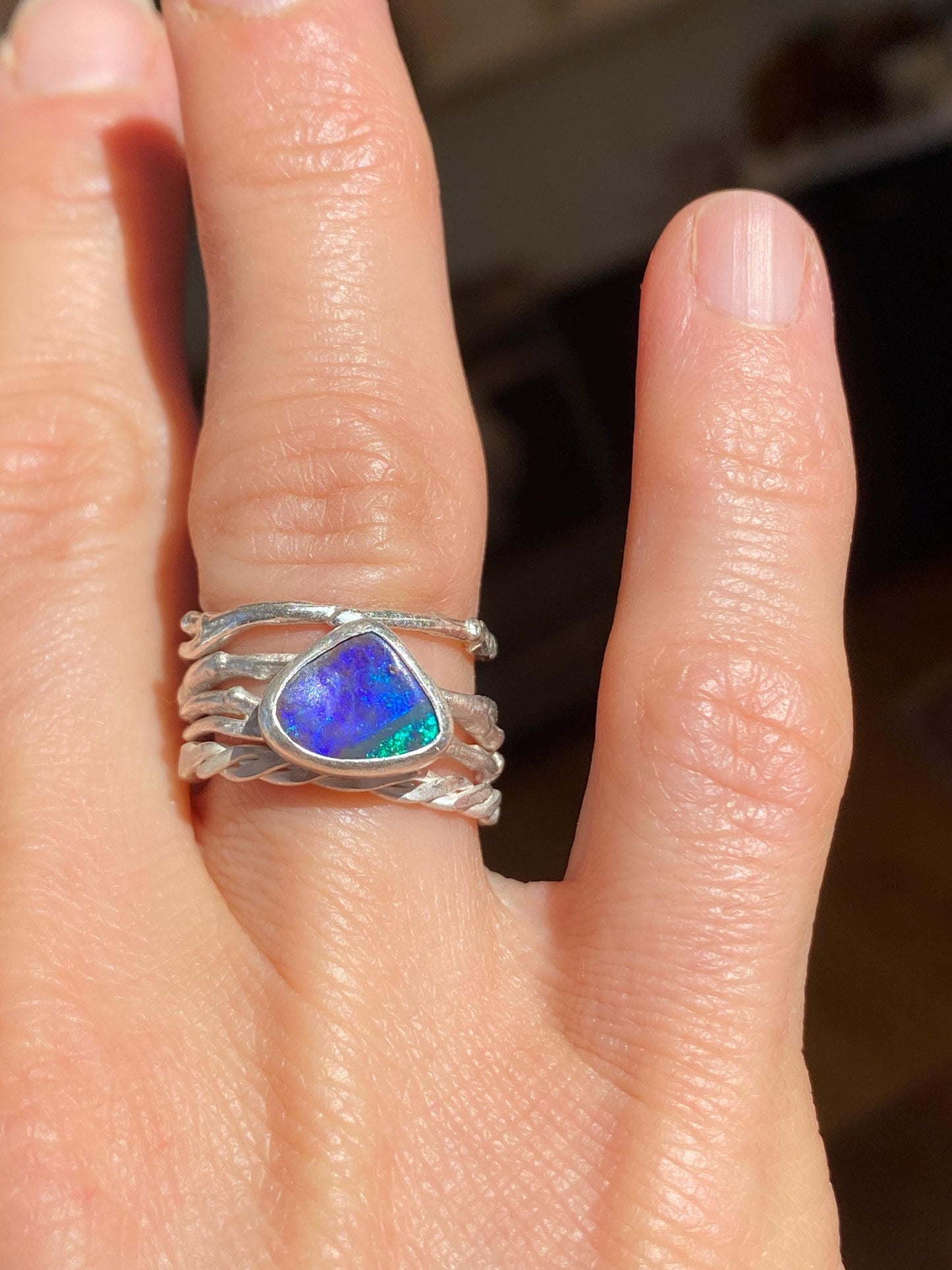 Purple & Blue Flash Boulder Opal Twig Ring