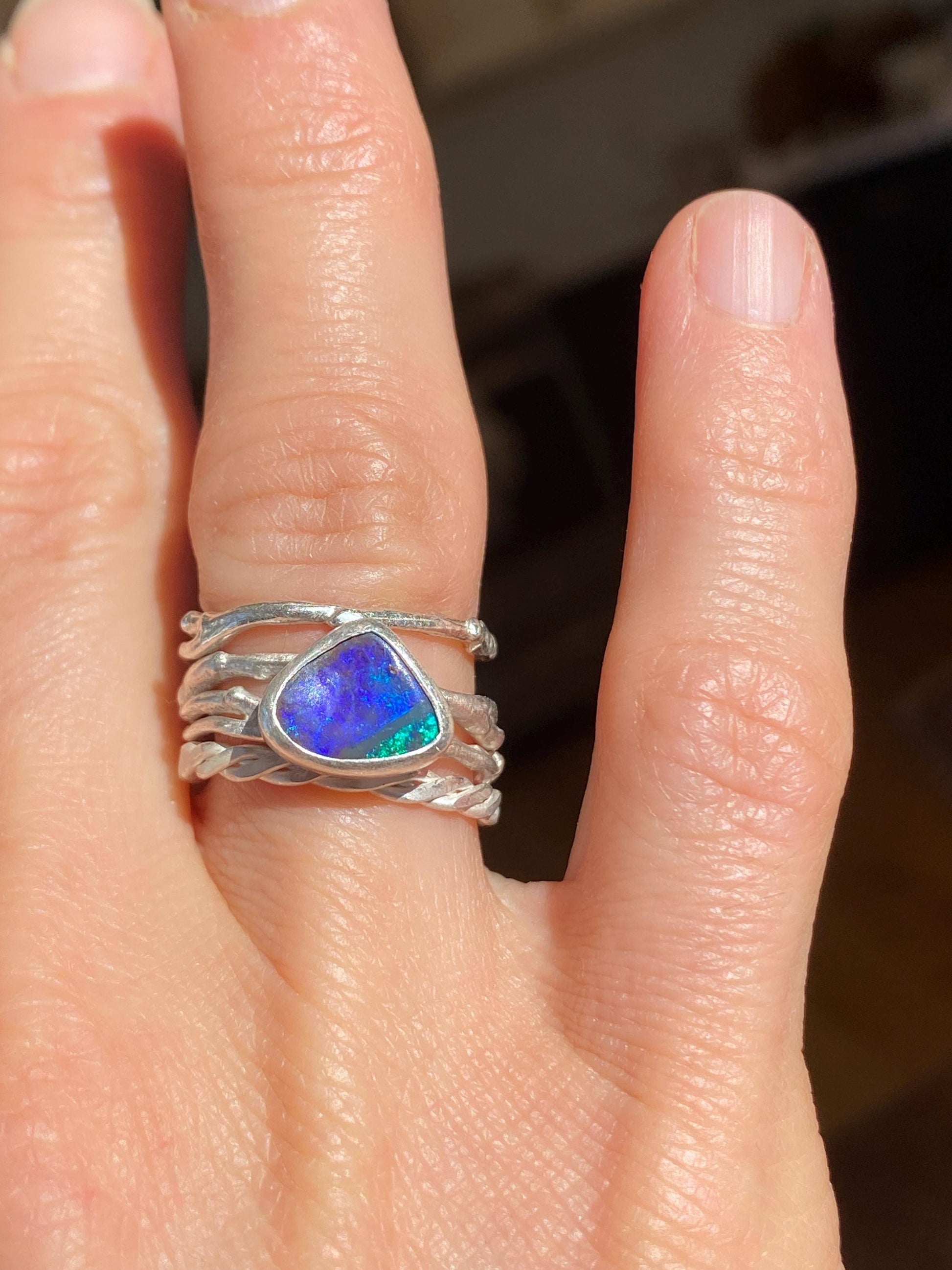 Purple & Blue Flash Boulder Opal Twig Ring