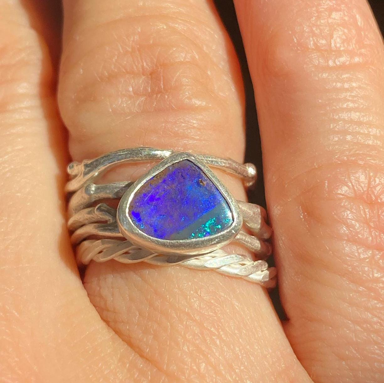 Purple & Blue Flash Boulder Opal Twig Ring