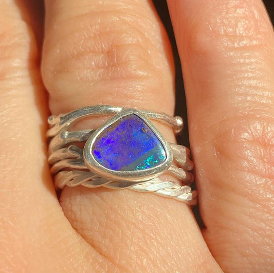 Purple & Blue Flash Boulder Opal Twig Ring
