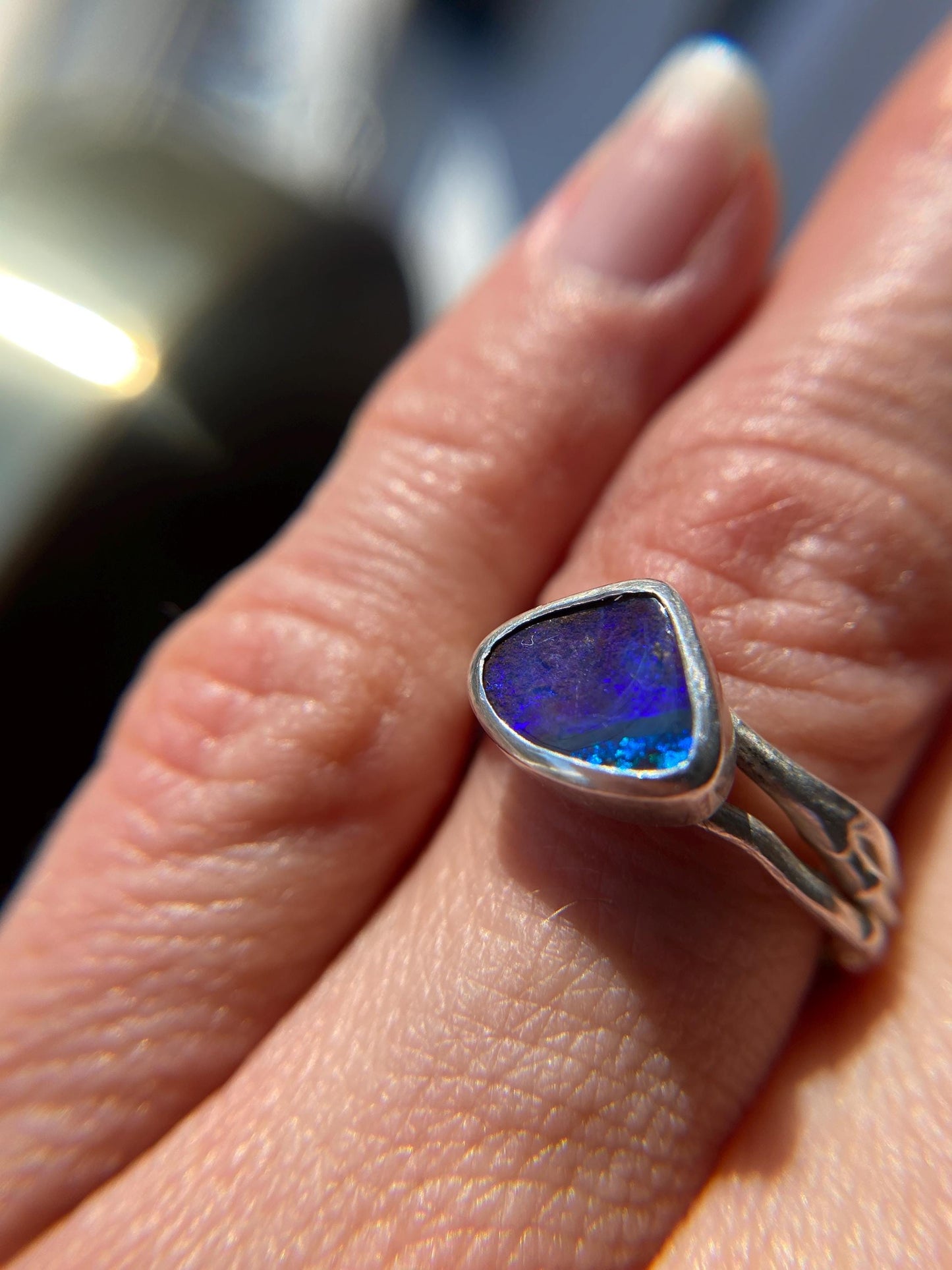 Purple & Blue Flash Boulder Opal Twig Ring