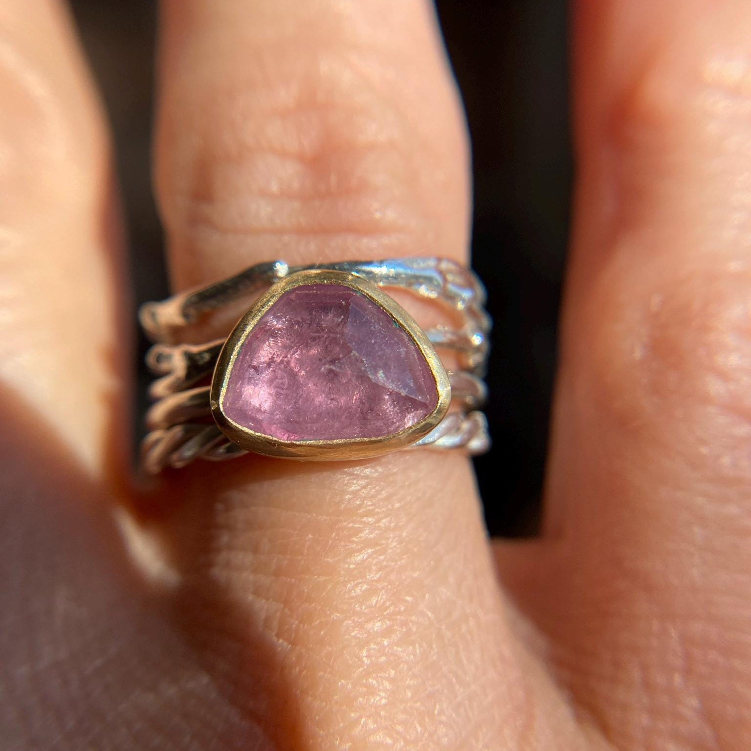 Organic Rose Cut Pink Umba Sapphire Ring in 18k Gold & Silver - Sea Collection