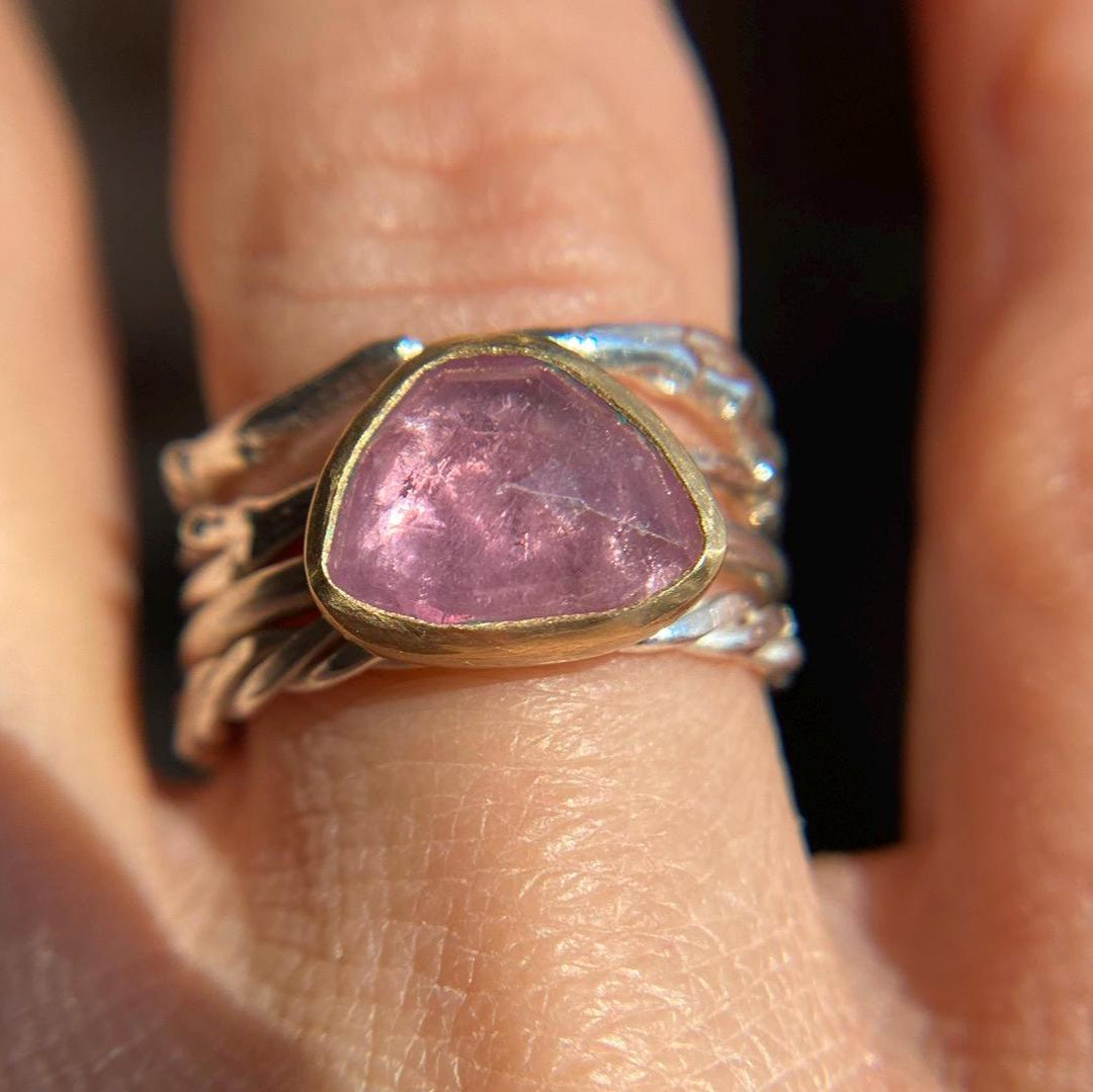 Organic Rose Cut Pink Umba Sapphire Ring in 18k Gold & Silver - Sea Collection