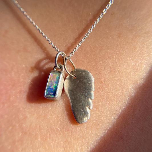 Blue Green Mini Flash Boulder Opal Pendant with Wing Charm