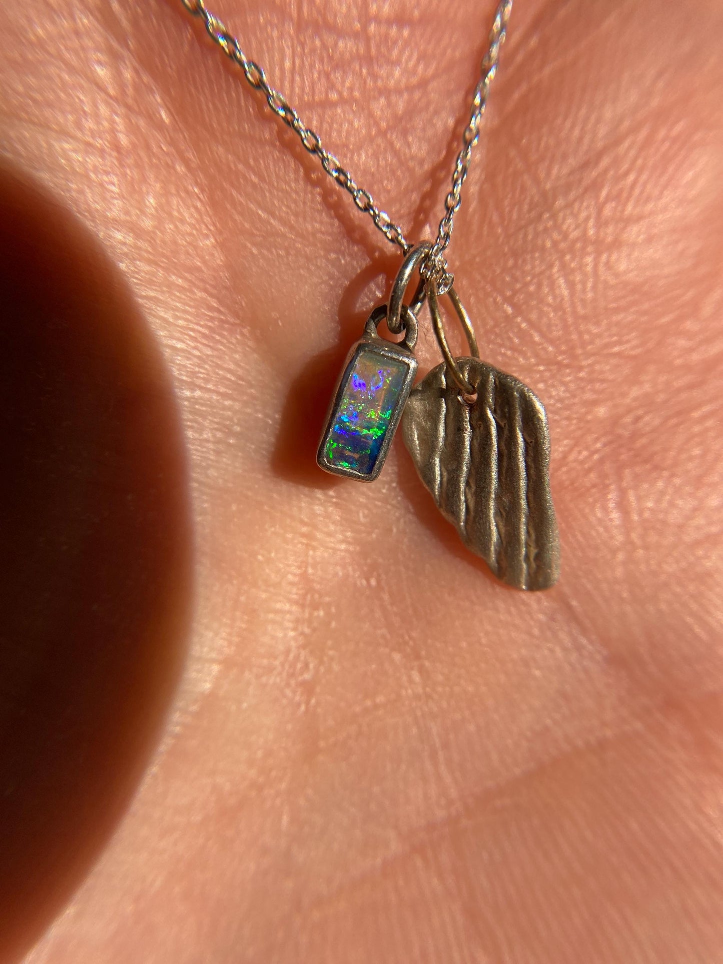 Blue Green Mini Flash Boulder Opal Pendant with Wing Charm