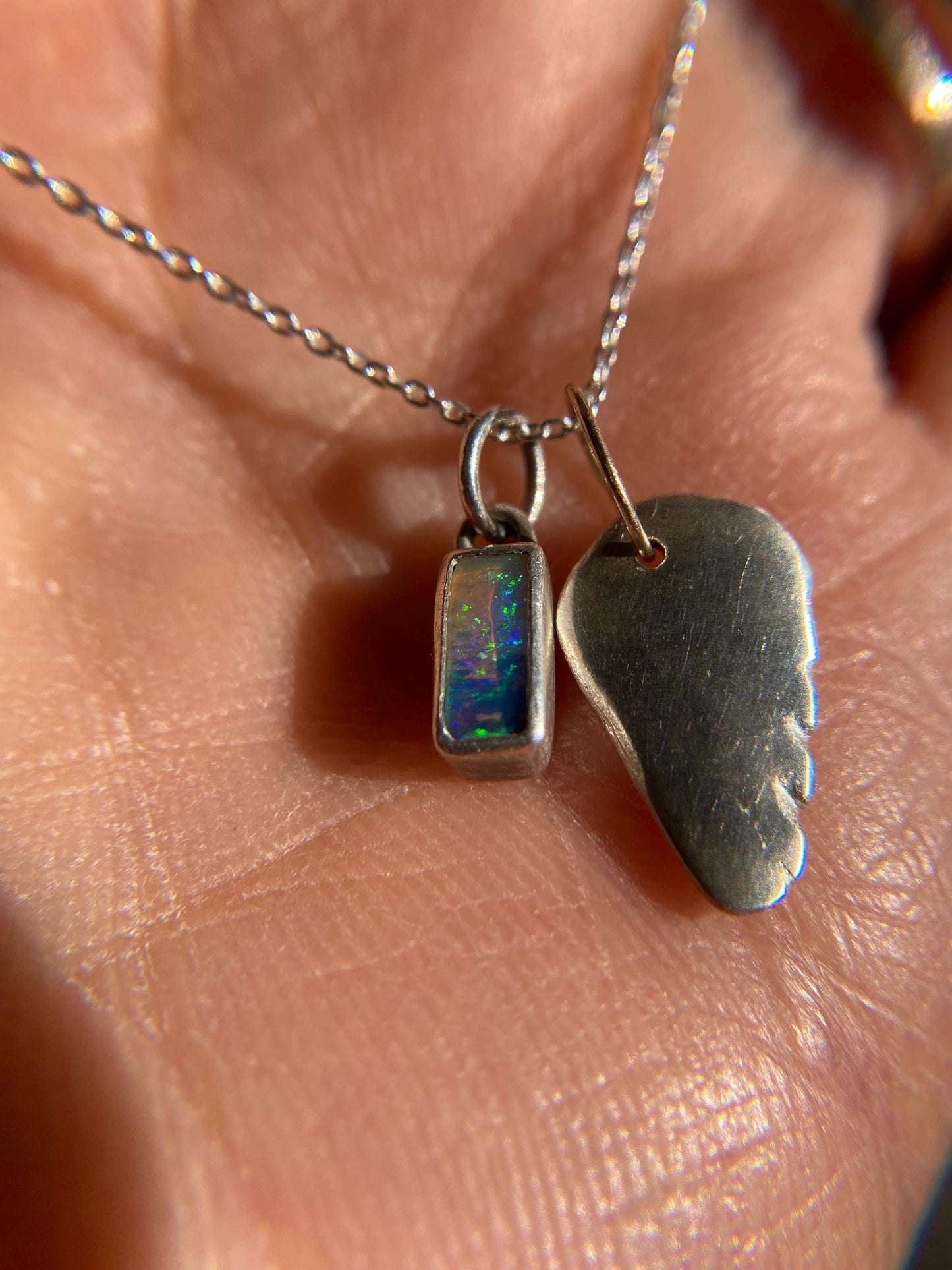 Blue Green Mini Flash Boulder Opal Pendant with Wing Charm