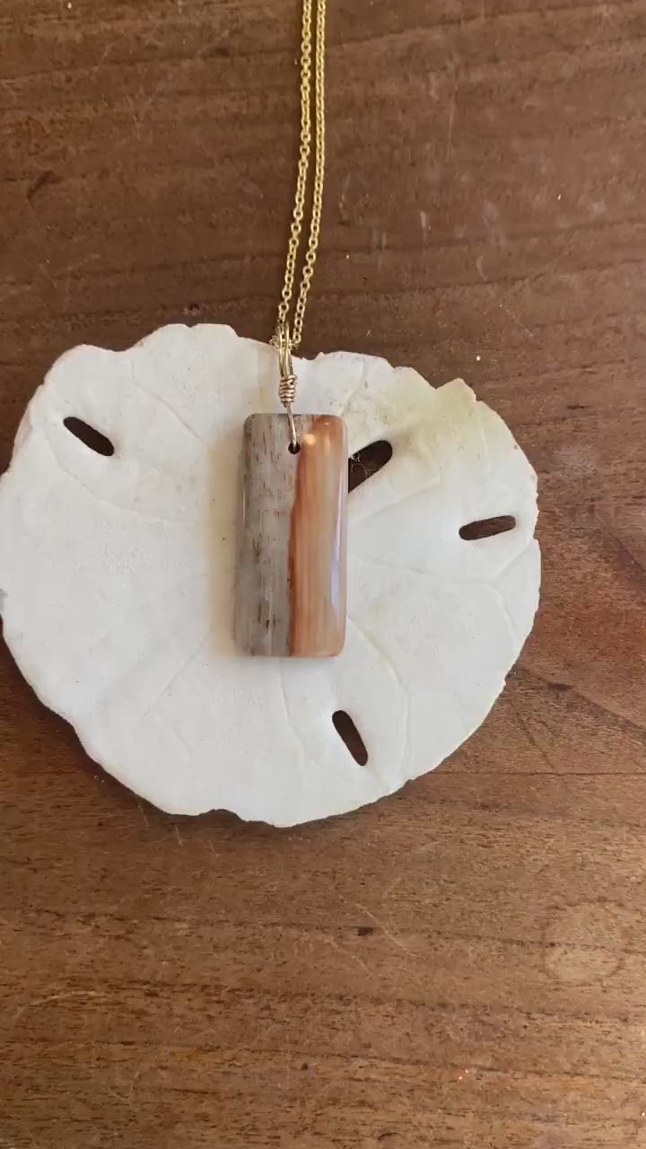 Peach Petrified Wood Pendant with Gold Filled Cable Chain - Sea Collection